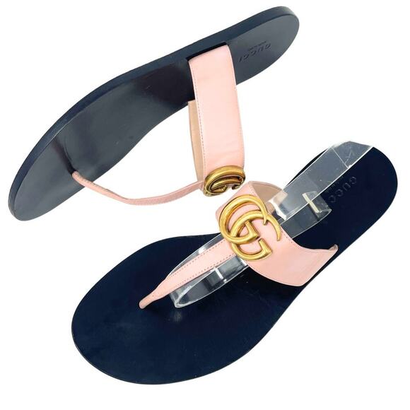Gucci Shoes Sandals Marmont GG Logo Thong Flats Pink Black Gold Monogram 38.5 - Picture 1 of 9